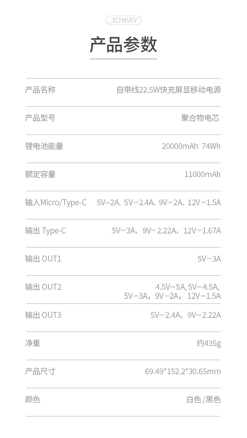 JP312 自带线22.5W快充移动电源 _移动电源_深圳市royal皇家88电源有限公司